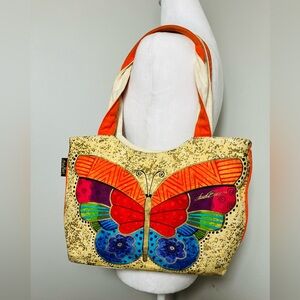 Laurel Burch Canvas Tote Butterfly Zip‎ Closure Boho Beach Colorful